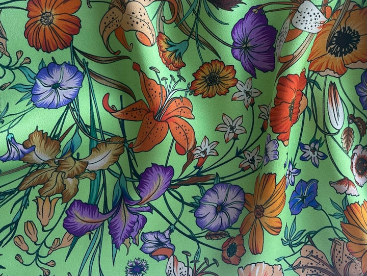 Exquisite Spotted Tiger Lilies, Morning Glories, Poppies & Irises Tea Green Silk Sateen (Made in Italy)