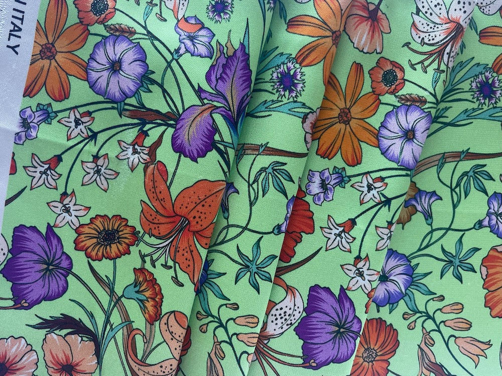 Exquisite Spotted Tiger Lilies, Morning Glories, Poppies & Irises Tea Green Silk Sateen (Made in Italy)