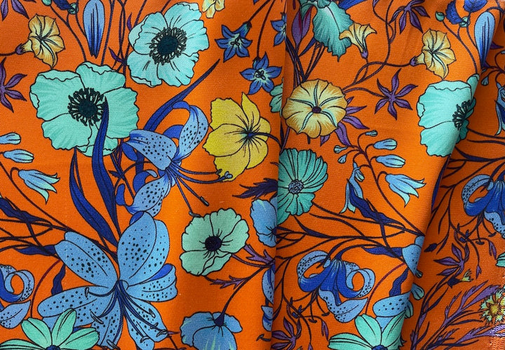 Exquisite Spotted Tiger Lilies, Morning Glories, Poppies & Irises Persimmon Silk Sateen (Made in Italy)