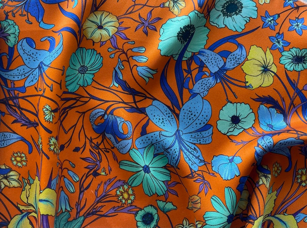 Exquisite Spotted Tiger Lilies, Morning Glories, Poppies & Irises Persimmon Silk Sateen (Made in Italy)