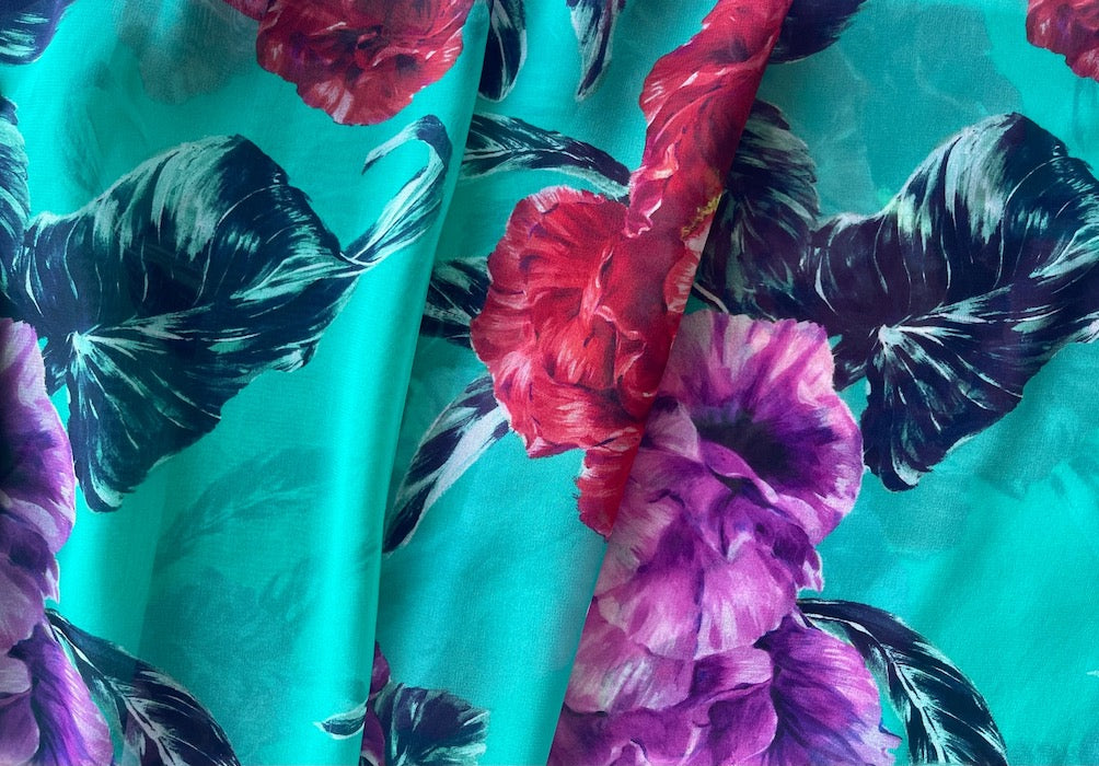 Emanuel Ungaro Magnificent Painterly Fleurs Turquoise Silk Chiffon (Made in Italy)