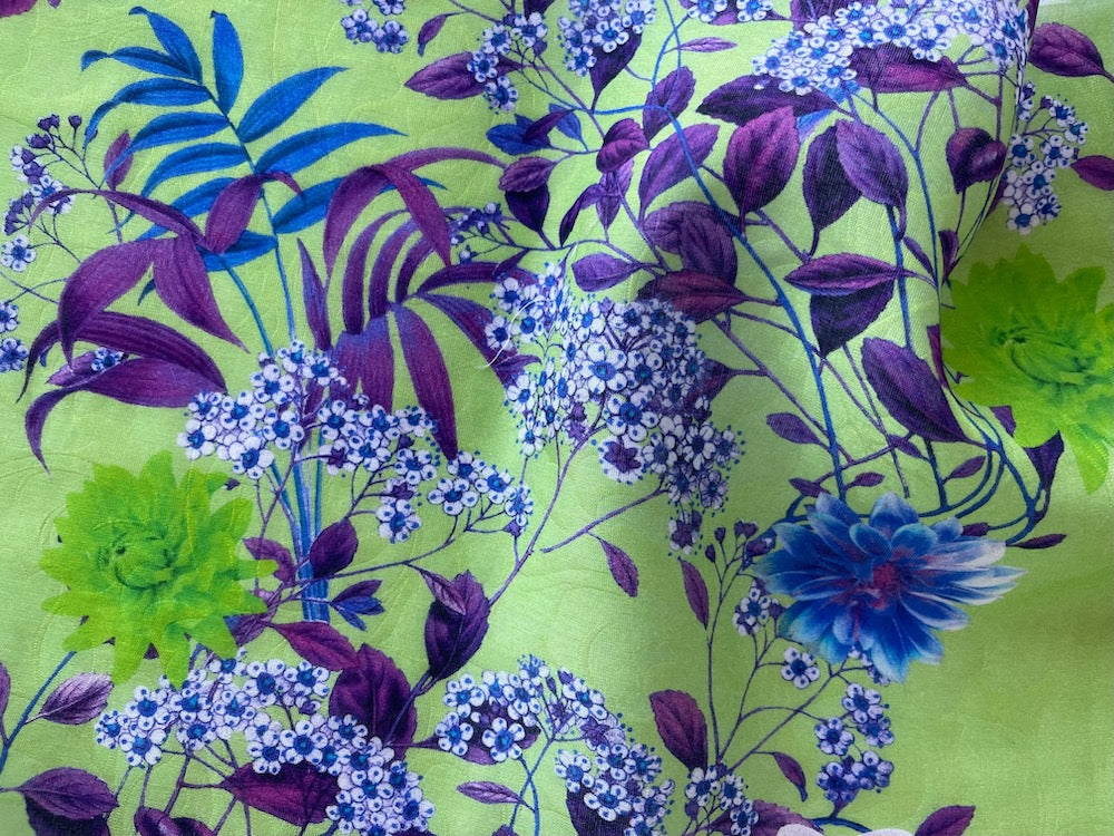 Ratti Selvedged Floral Amethyst, Rose & Azure on Spring Green Cotton-Viscose Double Voile Jacquard (Made in Italy)