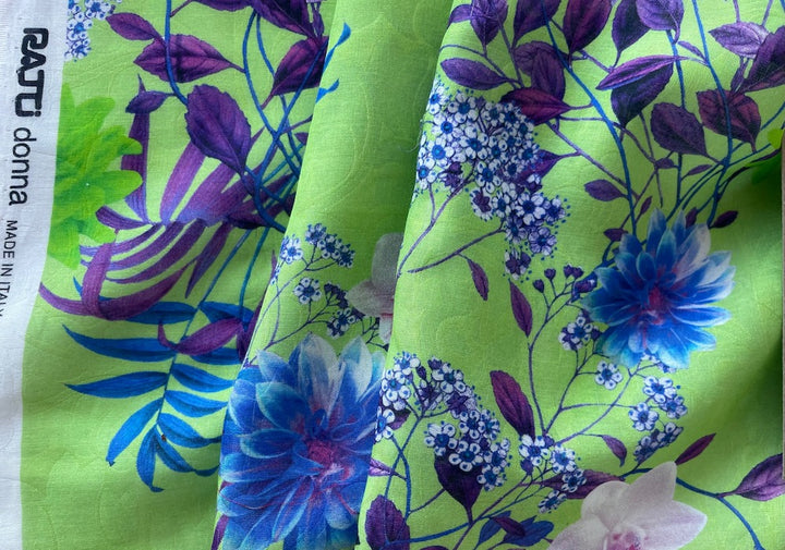 Ratti Selvedged Floral Amethyst, Rose & Azure on Spring Green Cotton-Viscose Double Voile Jacquard (Made in Italy)