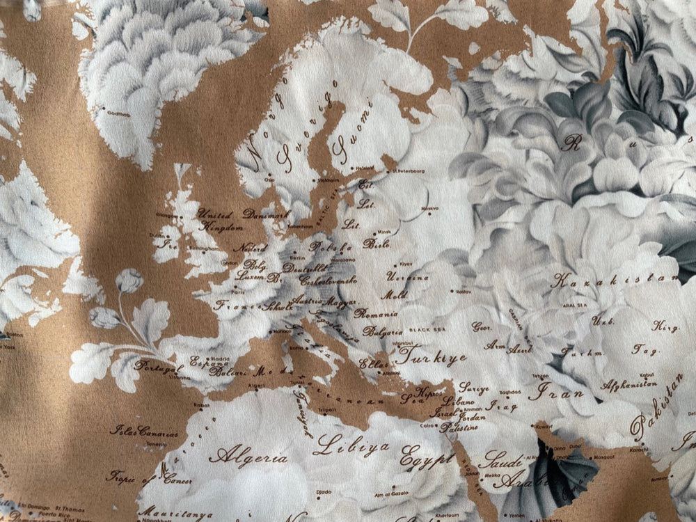 Wheat & Ivory Map Of The World Matte Silk Charmeuse (Made in Italy)