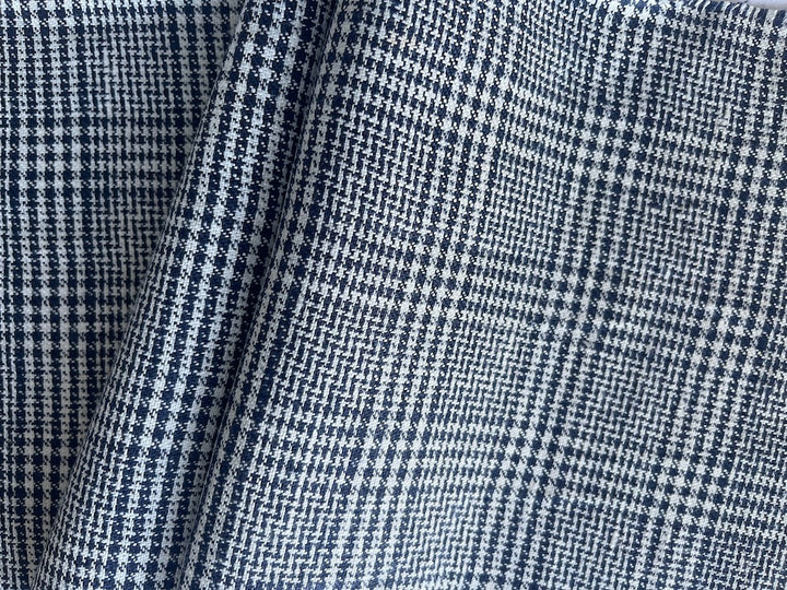 Deep Space Navy & White Hounds-Tooth Plaid Linen (Made in Poland)