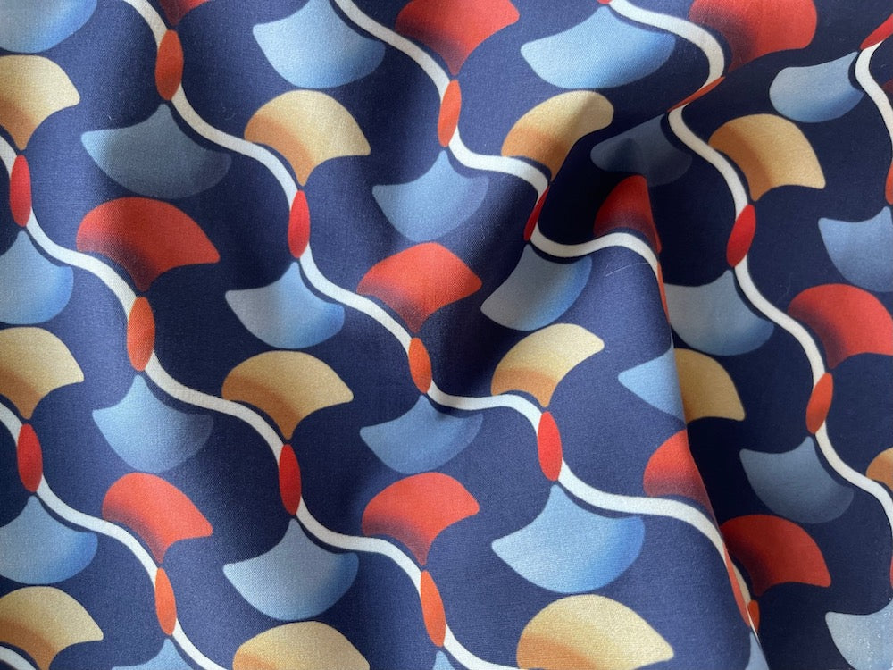 High-End Undulating Lines & Gradiated Fans Navy Cotton Poplin (Made in Italy)