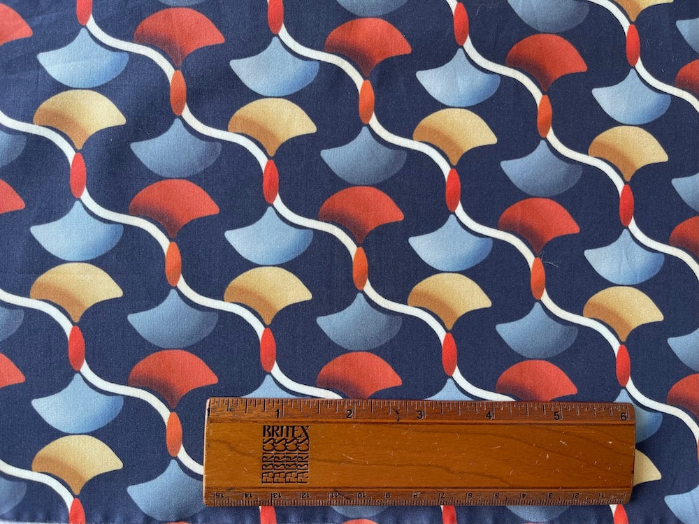 High-End Undulating Lines & Gradiated Fans Navy Cotton Poplin (Made in Italy)