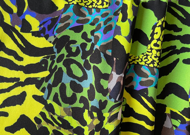 Glowing Animalistic Neon Yellow, Spring Bud, Electric Purple & Black Stretch Silk Satin Charmeuse (Made in Italy)