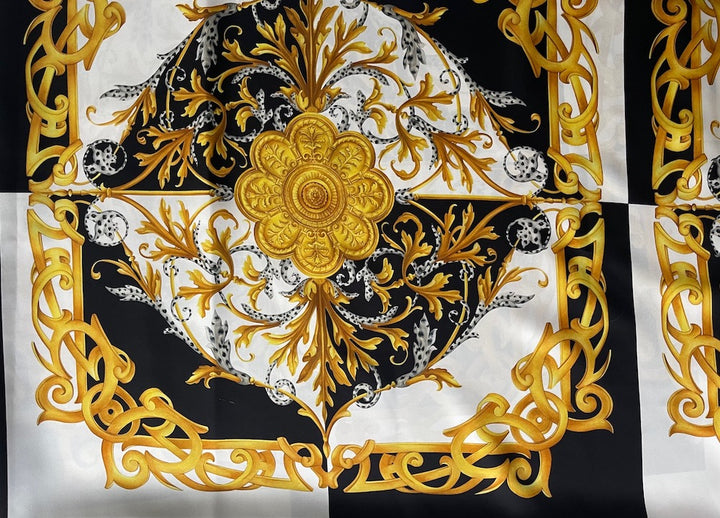 42" Panel -  Stunning Baroque Golden Mikado, Obsidian & Cloud Swirls Silk Crepe De Chine (Made in Italy)
