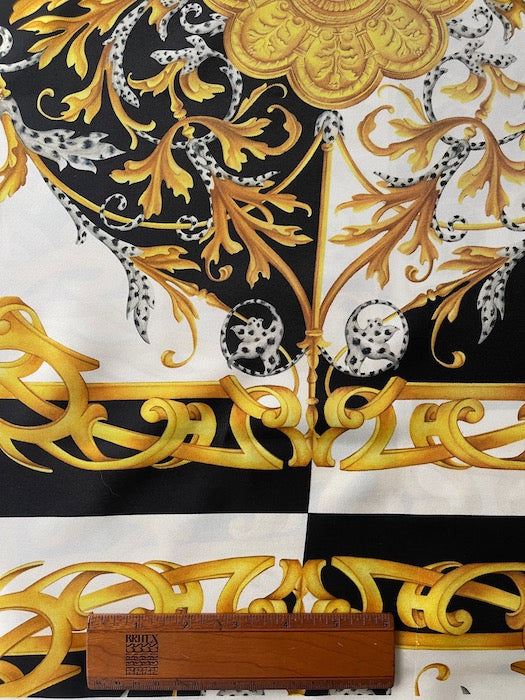 42" Panel -  Stunning Baroque Golden Mikado, Obsidian & Cloud Swirls Silk Crepe De Chine (Made in Italy)