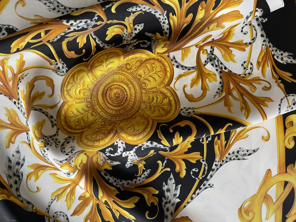 42" Panel -  Stunning Baroque Golden Mikado, Obsidian & Cloud Swirls Silk Crepe De Chine (Made in Italy)