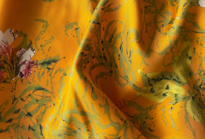 Couture Delicate Lilies on Honeyed Butterscotch Silk Twill (Made in Italy)