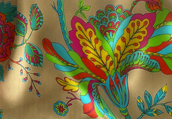 Stylized Psychedelic Floral on Champagne Gold Silk Satin Charmeuse (Made in Italy)