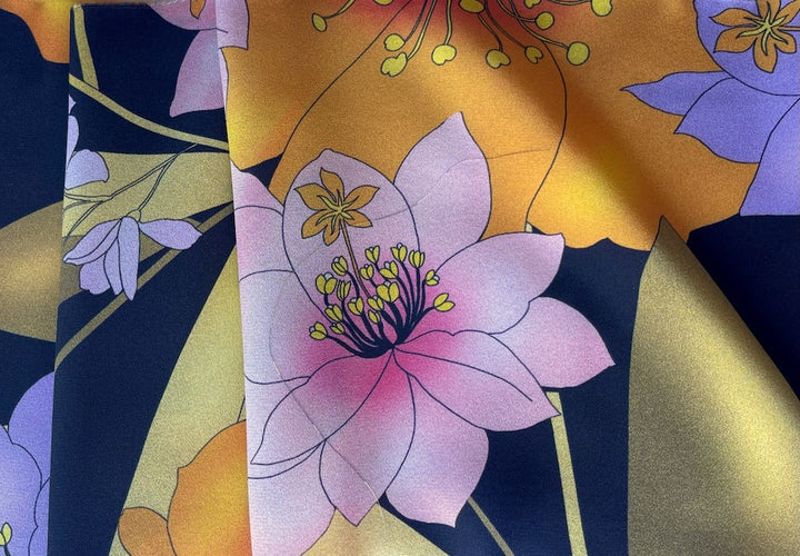 Glamorous Subtropical Hibiscus Blooms on Sable Black Silk Crepe de Chine (Made in Italy)