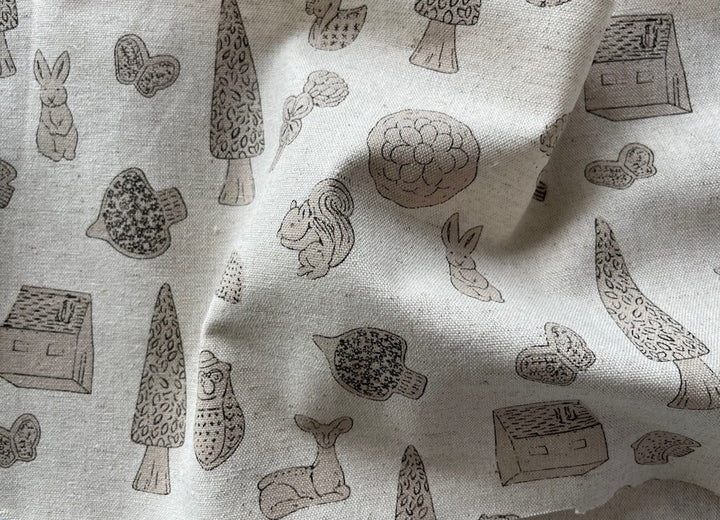 Kokka Tidy Forest Cottage Mushrooms, Fawns, Squirrels & Bunnies Natural Light-Weight Cotton & Linen Canvas (Made in Japan)