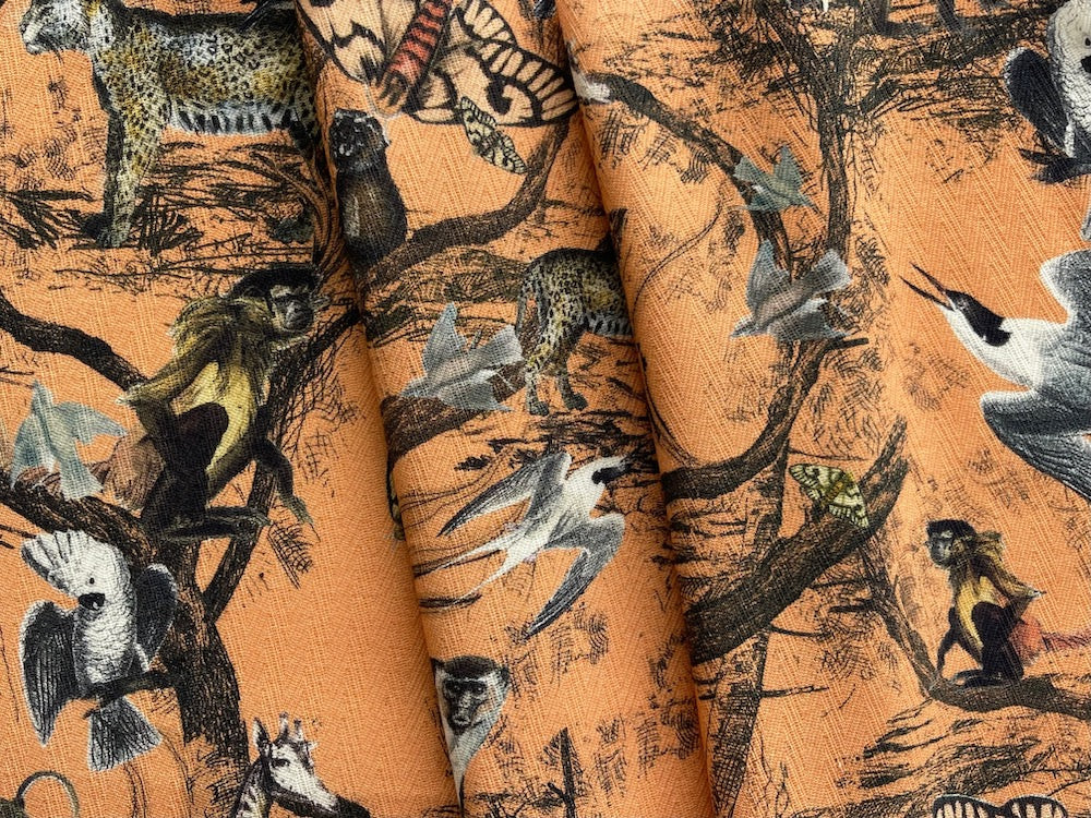 Naturalistic Fluttering Moths, Birds & Curious Jungle Creatures Persimmon Cotton-Viscose Challis (Made in Italy)