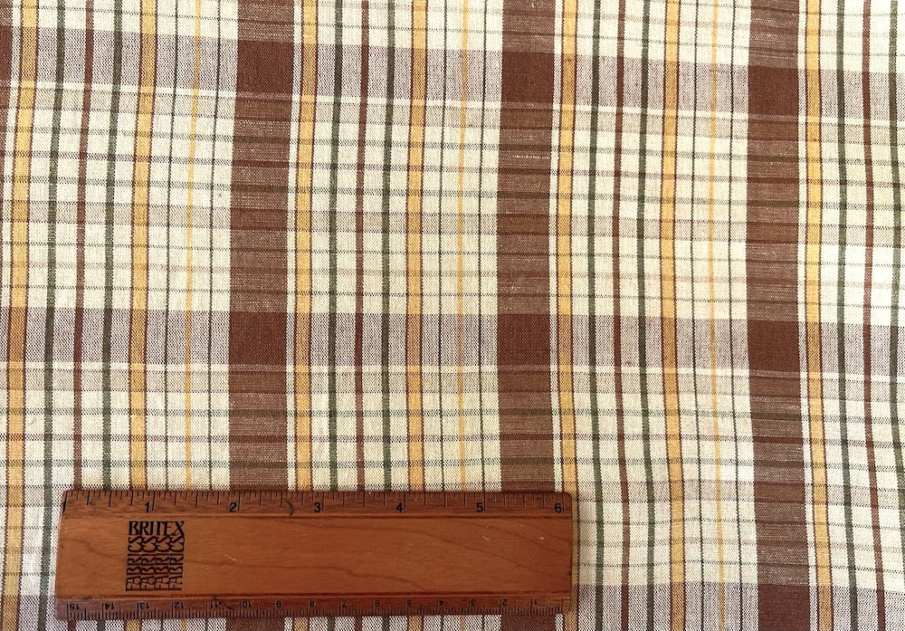 Vintage-Inspired Dad Plaid Dandelion, Saddle Brown & British Racing Green Linen-Cotton (Made in Italy)