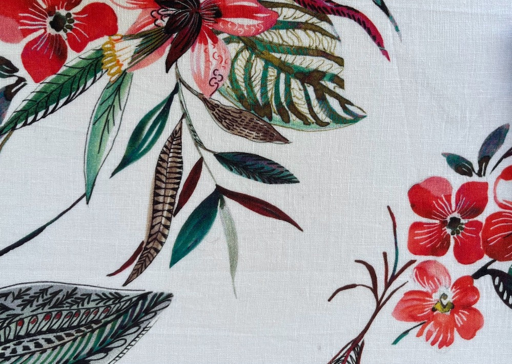 Passion Flowers, Snake Plants & Tropical Blooms on Bright White Linen-Cotton (Made in Italy)