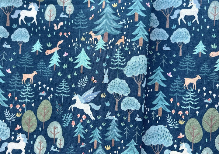 Forest Pegacorns, Foxes, Mushrooms, Bunnies & Fawns on Stormy Navy Quilting Cotton