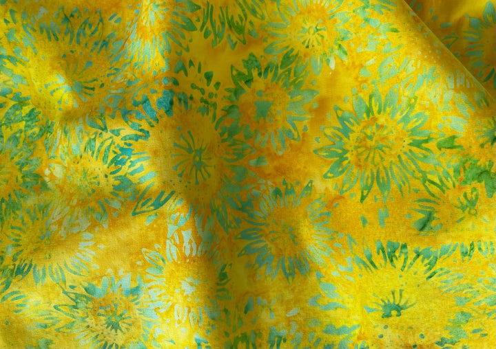 Emerald Sunflowers on Lemon Yellow Cotton Batik (Made in Indonesia)