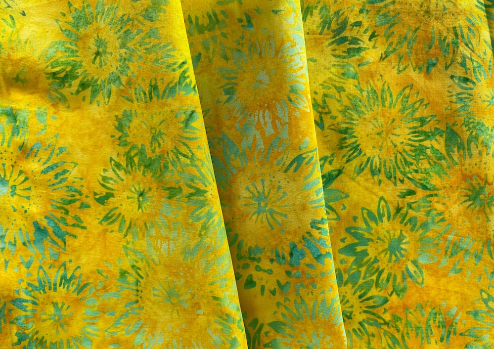 Emerald Sunflowers on Lemon Yellow Cotton Batik (Made in Indonesia)