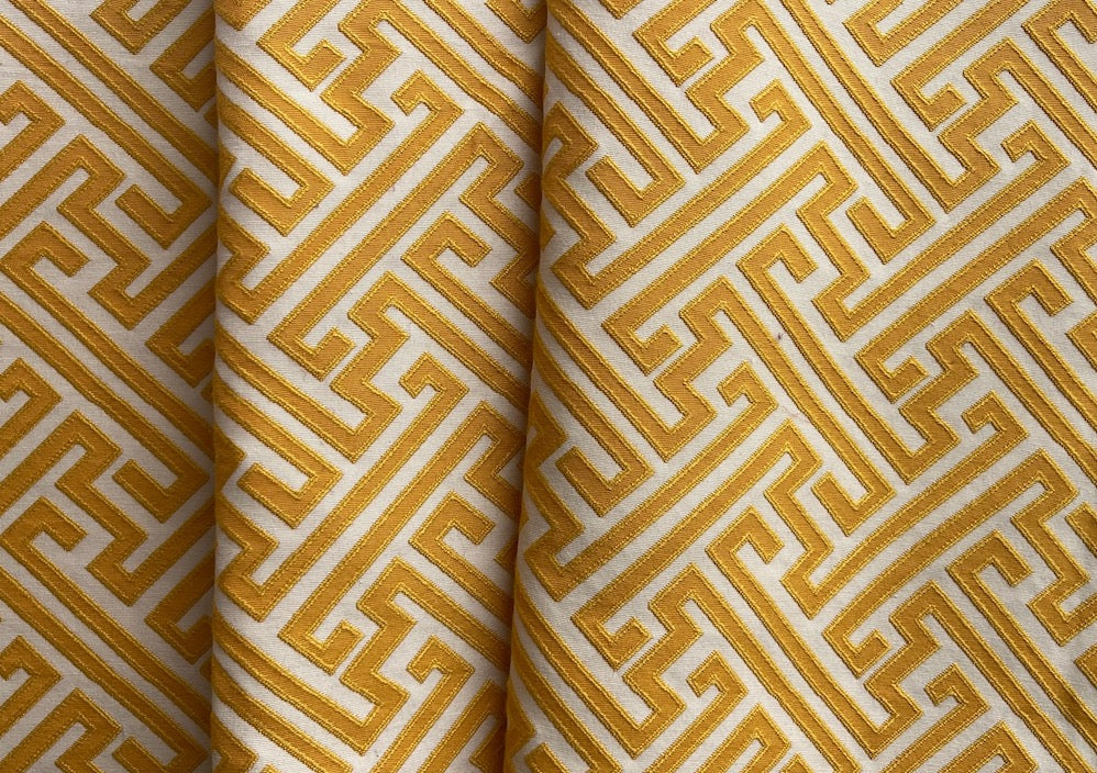 Butterscotch & Ivory Modified Greek Key Maze Stain-Resistant Cotton Blend Tapestry (Made in India)