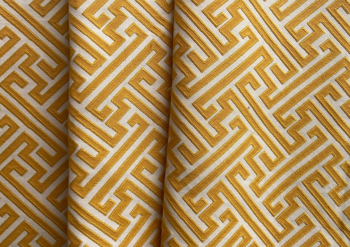 Butterscotch & Ivory Modified Greek Key Maze Stain-Resistant Cotton Blend Tapestry (Made in India)
