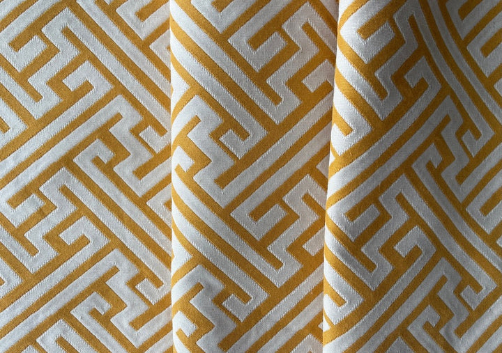 Butterscotch & Ivory Modified Greek Key Maze Stain-Resistant Cotton Blend Tapestry (Made in India)