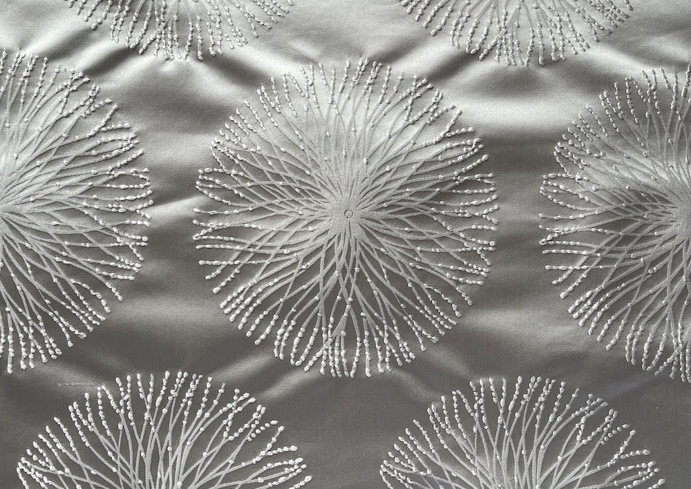 Chiffon Off-White Dandelion Sunbursts on Platinum Polyester Satin (Made in India)