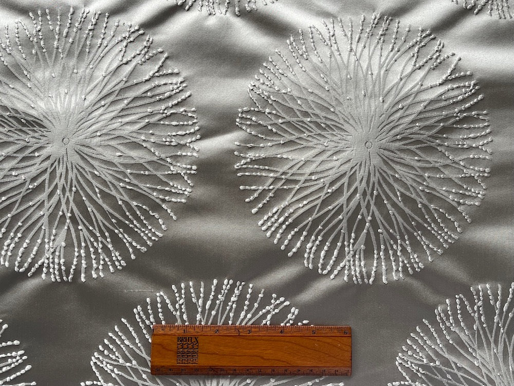 Chiffon Off-White Dandelion Sunbursts on Platinum Polyester Satin (Made in India)