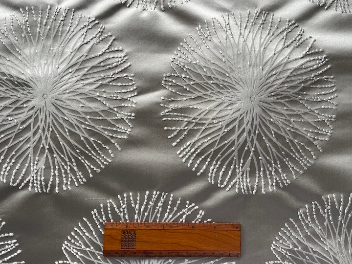 Chiffon Off-White Dandelion Sunbursts on Platinum Polyester Satin (Made in India)