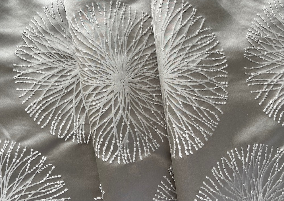 Chiffon Off-White Dandelion Sunbursts on Platinum Polyester Satin (Made in India)