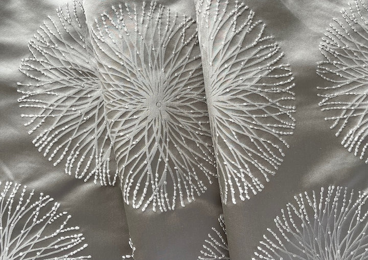 Chiffon Off-White Dandelion Sunbursts on Platinum Polyester Satin (Made in India)