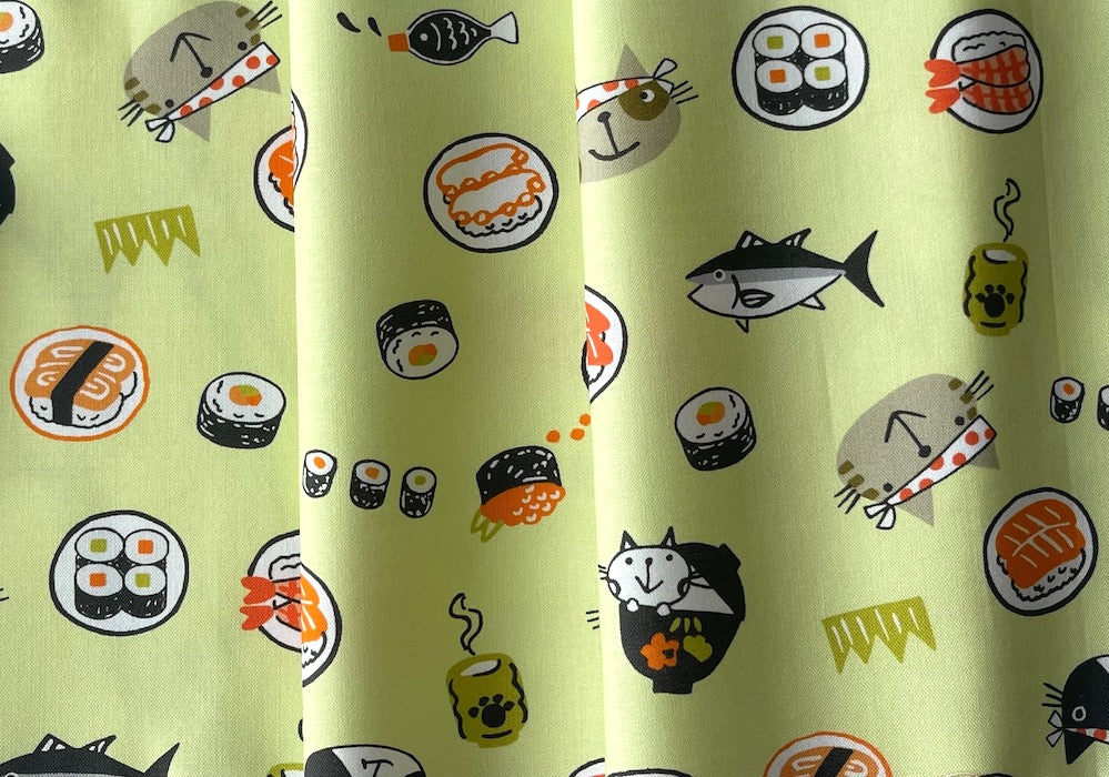 Kawaii Sushi & Cats on Lime Chiffon Quilting Cotton (Made in Japan)
