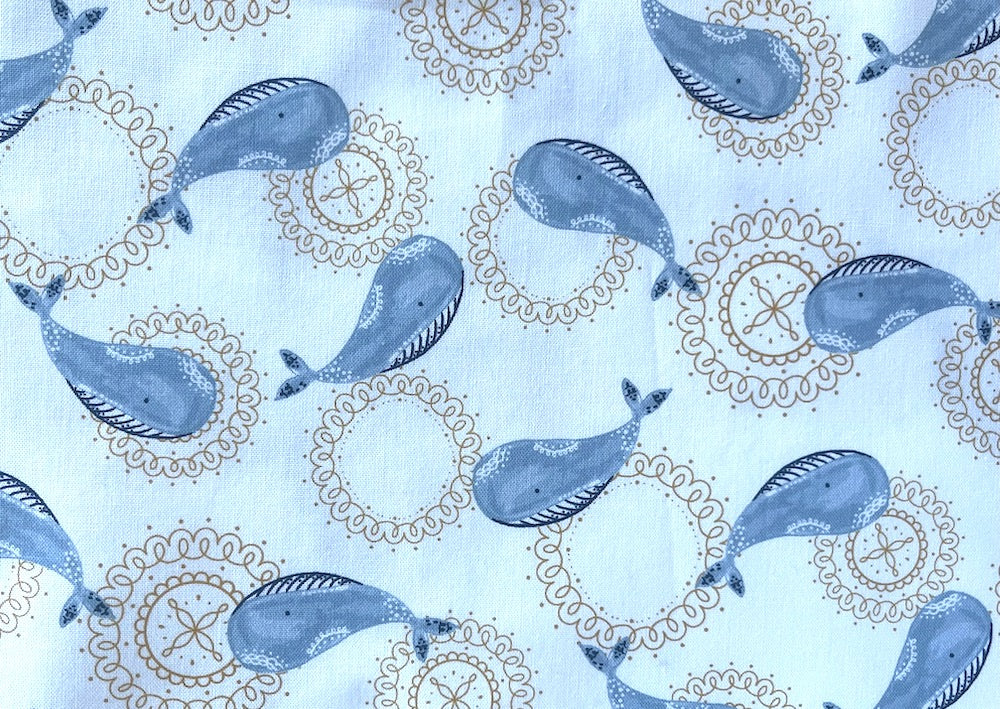 Frolicking Whales & Golden Spirals on Bright White Quilting Cotton (Made in Japan)