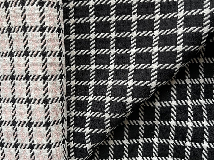 80" Panel -  Reversible Couture Black & Blushing Rose Windowpane Check Viscose Blend Crepe Suiting (Made in Italy)