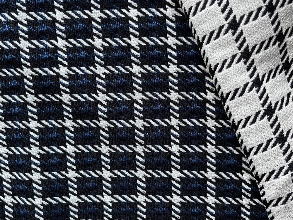 80" Panel -  Reversible Couture Black & Royal Blue Windowpane Check Viscose Blend Crepe Suiting (Made in Italy)