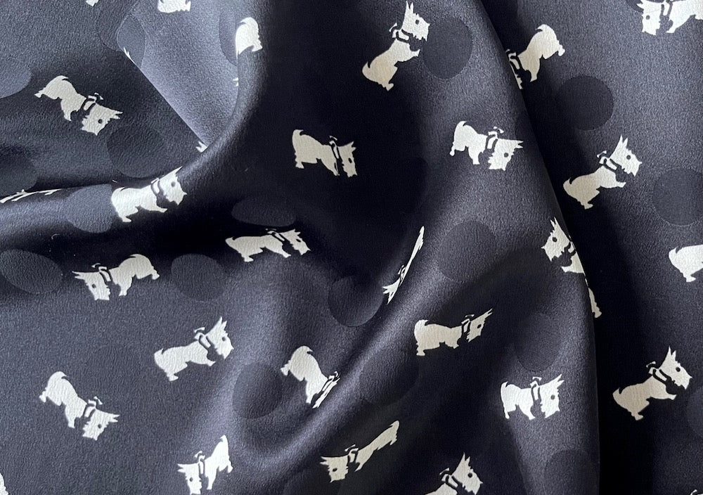 Adorable Scottie Dogs Black Silk Satin Dotted Jacquard (Made in Italy)