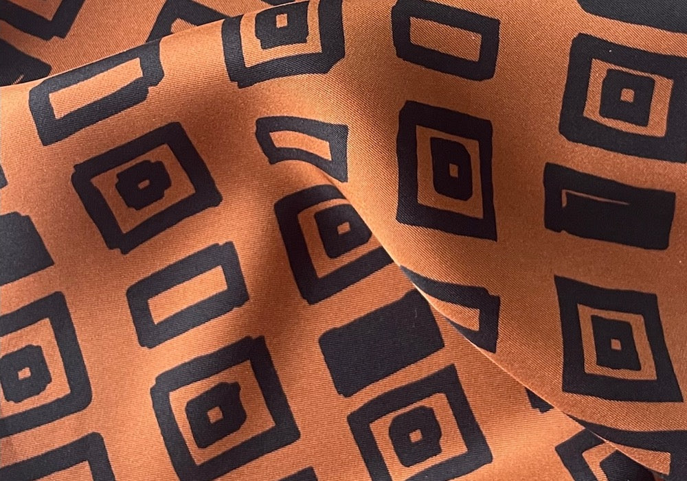 Silk fabric, Couture Painterly Black & Rusted Persimmon Geometric Silk ...