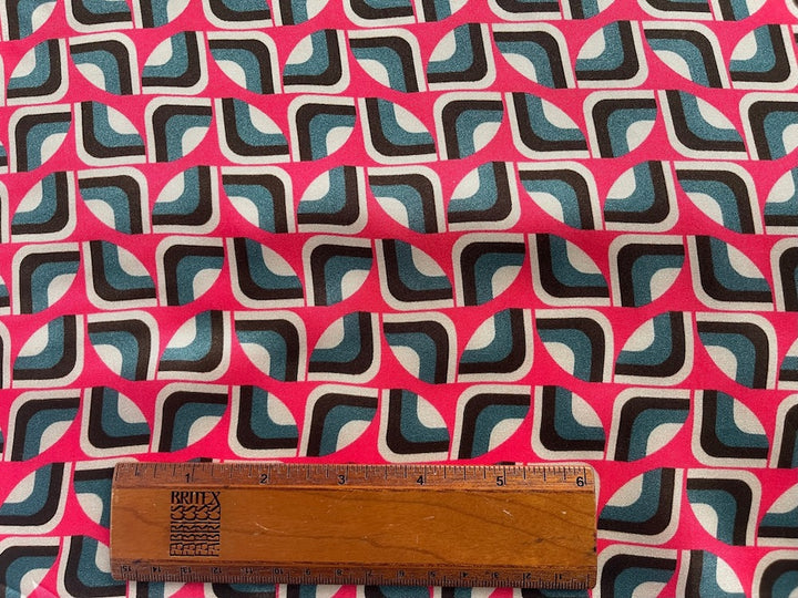 1960s-Style Geometric Slate & Bright Ppink Viscose Twill (Made in Italy)