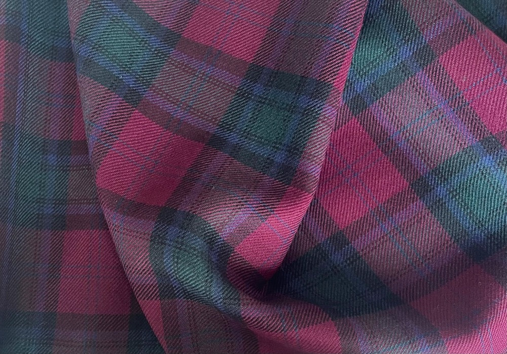 Wine, Bottle Green & Navy Virgin Wool Twill Tartan Plaid (Made in Italy)