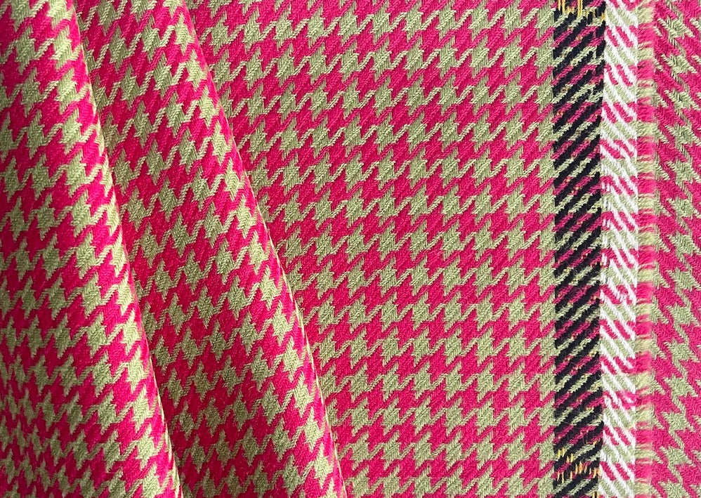 Lipstick Pink & Moss Hounds-Tooth Virgin Wool Twill (Made in Italy)