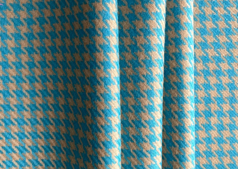 Turquoise Blue & Camel Hounds-Tooth Virgin Wool Twill (Made in Italy)