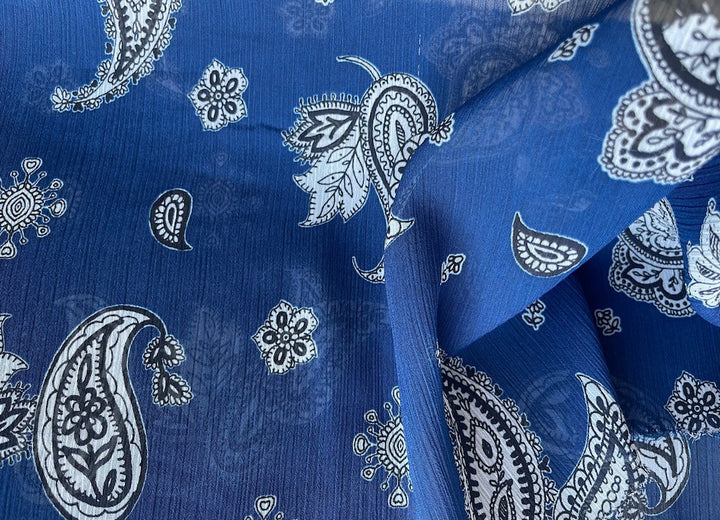 Semi-Sheer Paisley Luminous Sapphire Blue Crinkled Polyester Chiffon