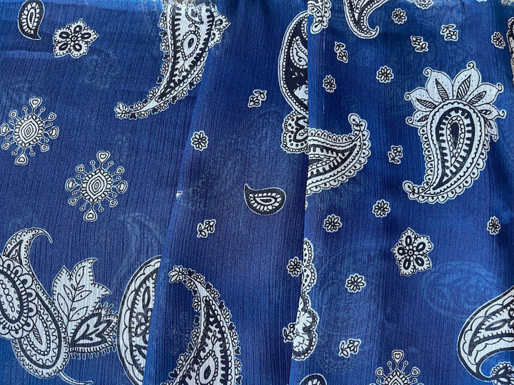 Semi-Sheer Paisley Luminous Sapphire Blue Crinkled Polyester Chiffon