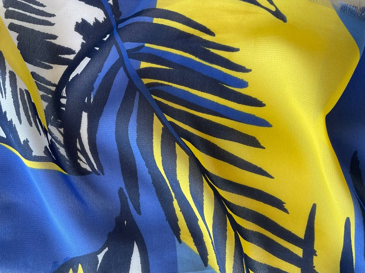 Semi-Sheer Grotta Azzurra Palm Leaves Royal Blue & Lemon Polyester Chiffon (Made in Italy)