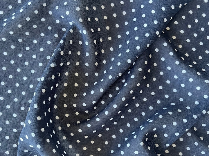 Semi-Sheer White Coin Dots Nautical Navy Polyester Georgette