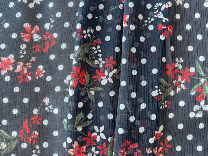 Semi-Sheer Delicate Carmine Flowers with White Dotted Black Polyester Chiffon (Made in Italy)