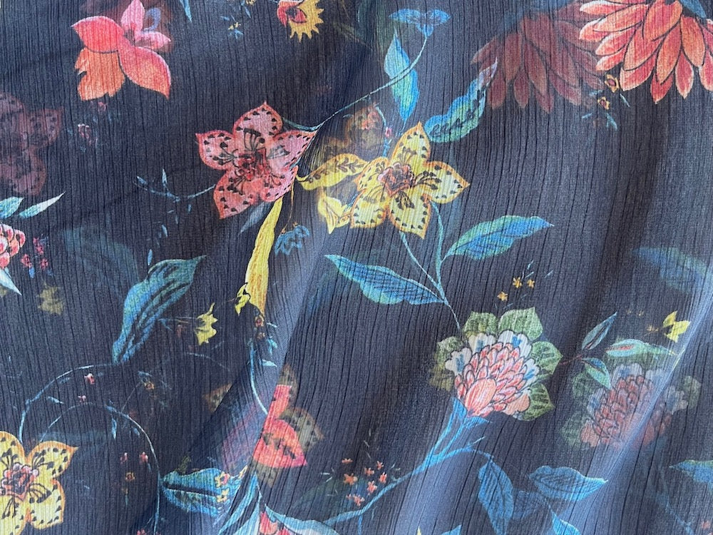 Semi-Sheer Springtime Maize, Cora & Bronze Meadow Flowers on Black Polyester Chiffon (Made in Italy)