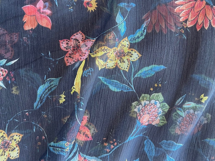 Semi-Sheer Springtime Maize, Cora & Bronze Meadow Flowers on Black Polyester Chiffon (Made in Italy)